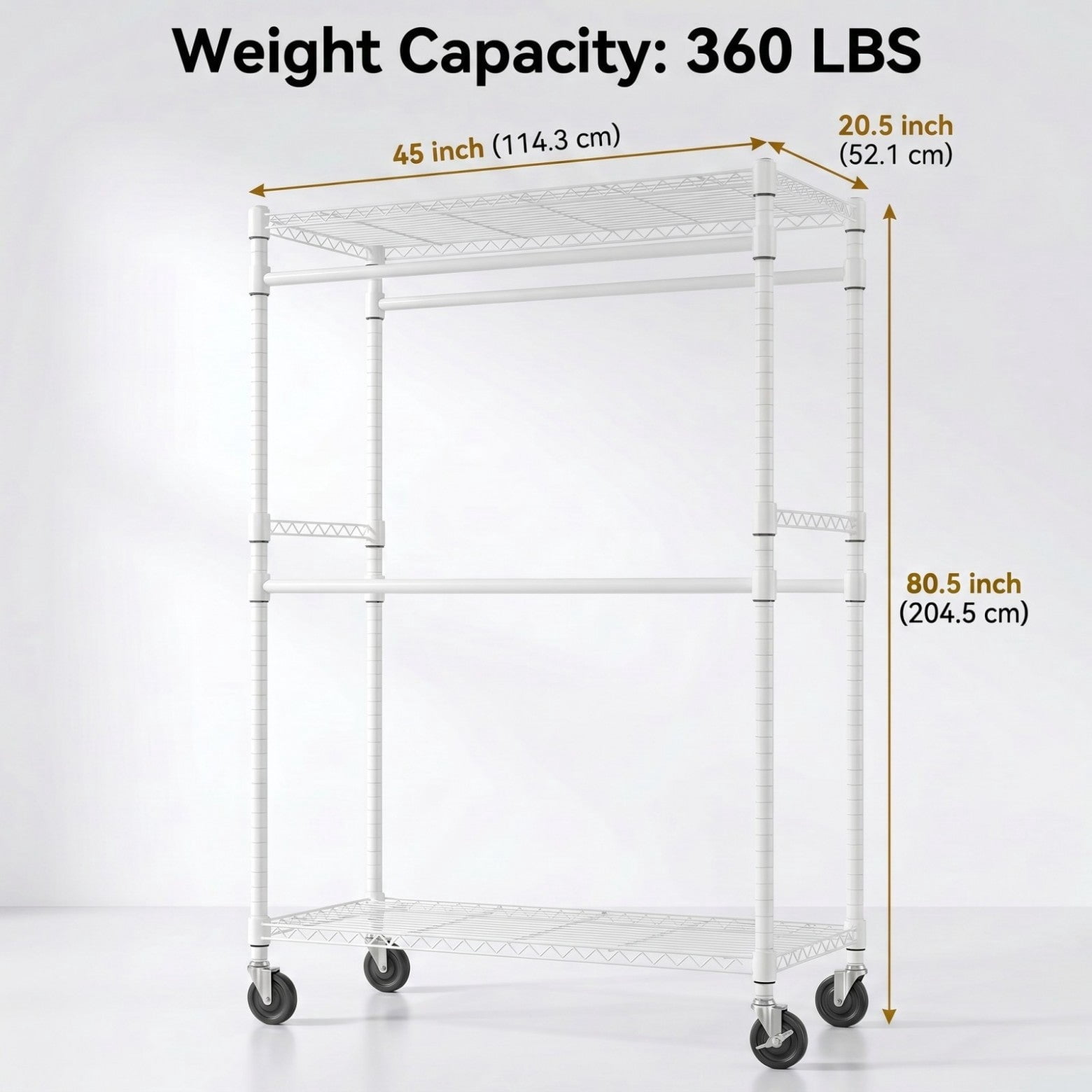 Sailvan Heavy Duty Rolling Clothing Rack, 360LBS Capacity Garment Rack with 4 Hanging Rods & 2 Shelves, Portable Closet, 45"W x 80"H,White