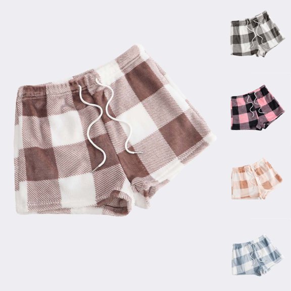 YYV Plaid Flannel Double Sided Fleece Lined Casual Shorts For Women, Adjustable Drawstring Waist Warm Relaxed Fit Bottoms, Versatile Loungewear For Indoor Home Outdoor Daily Wear Light Blue XXL