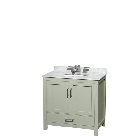 36 in. Sheffield Single Bathroom Vanity with White Carrara Marble Countertop, Undermount Oval Sink & Brushed Nickel Trim - Light Green