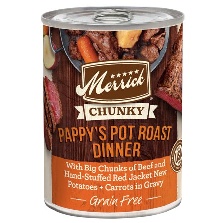 UPC: 0022808282884 | (12 Pack) Merrick Chunky Grain Free Premium And Wholesome Canned Dog Food Real Meat Pappy’s Pot Roast Dinner In Gravy 12.7 oz. Cans