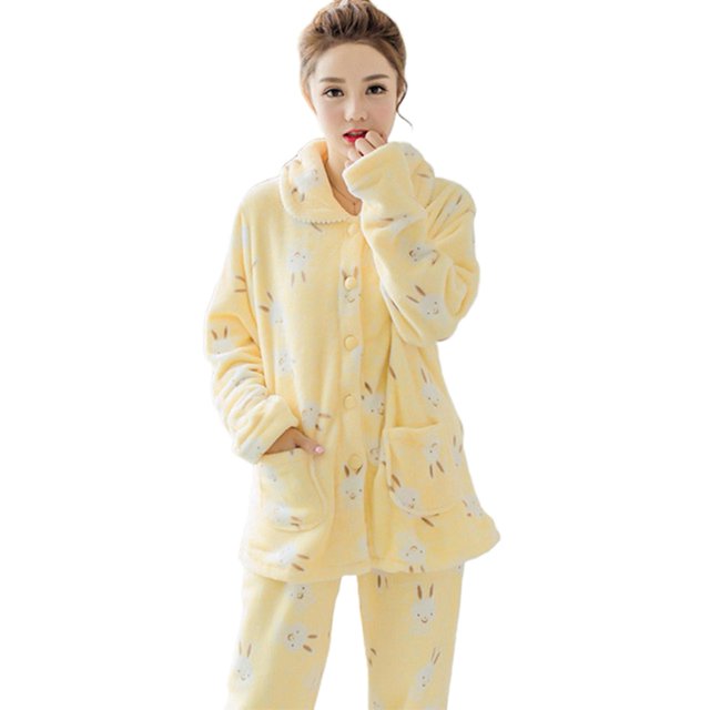Conjunto de pijamas de franela de YellowMWomen, cárdigan de lana de manga larga informal, ropa de dormir cálida para