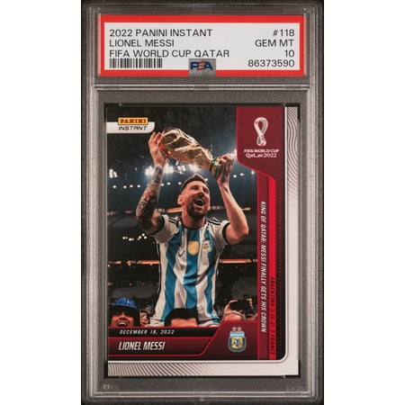 Lionel Messi 2022 Panini Instant FIFA World Cup Champions Qatar Argentina Soccer Card #118 Graded PSA 10 Cert #86373590