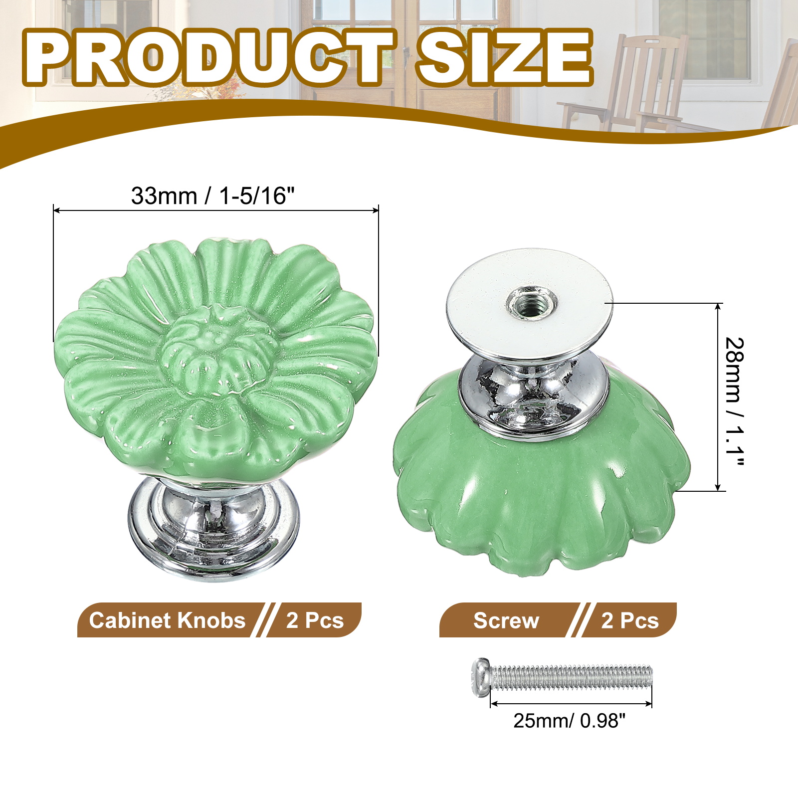 Uxcell Vintage Floral Cabinet Knobs Ceramic Round Drawer Knobs Dresser Knobs Door Hardware Pull Handles Green 2