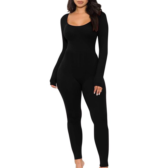 Suitable Jumpsuits For Women Fashion Yoga Jumpsuits Workout Ribbed Long Sleeve Sport Jumpsuits Women'S Jumpsuit Black S