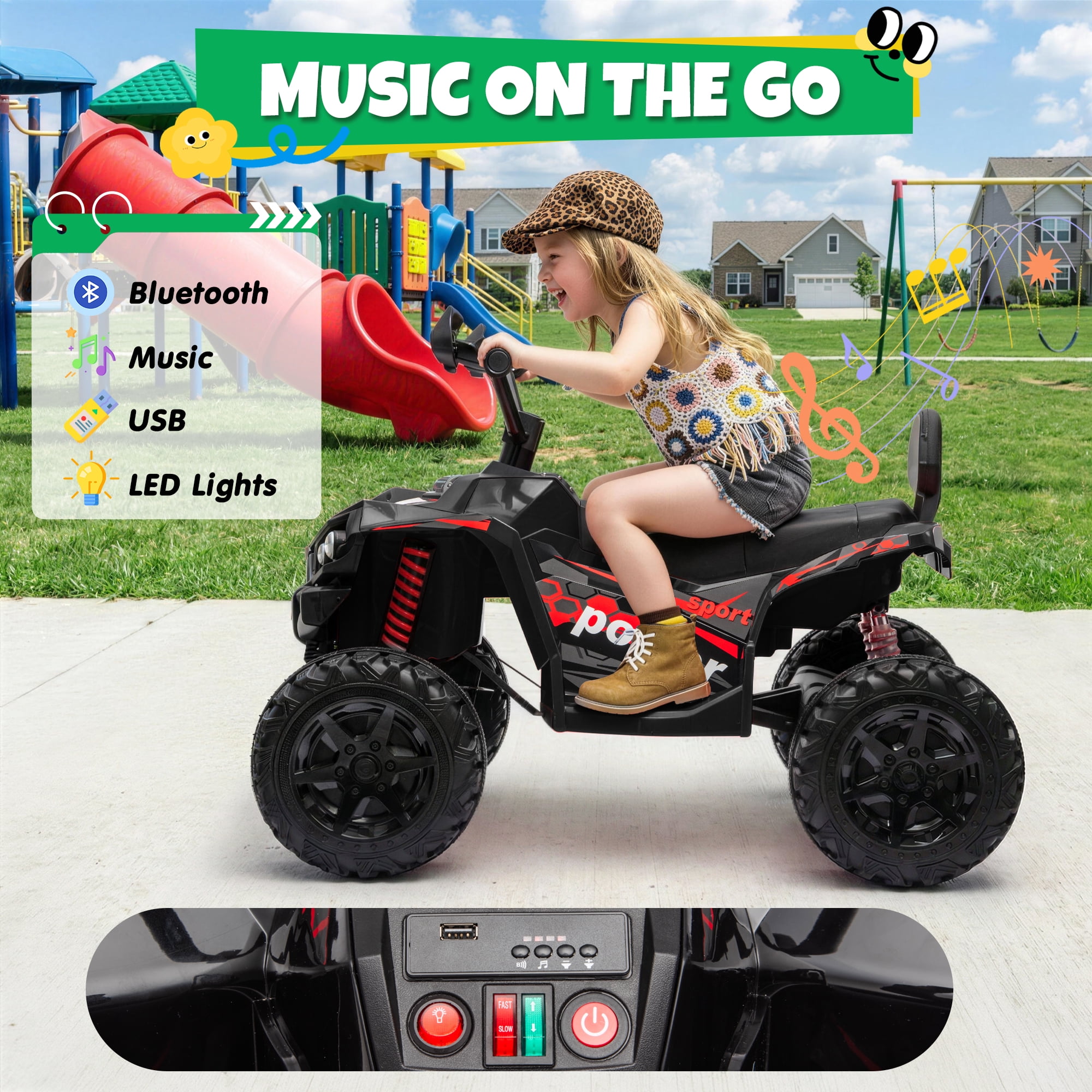 24V Kids Ride On ATV for Ages 3-8, 4WD Electric Quad with 4 Motors, Bluetooth Music, LED Lights, Spring Suspension, 3-5 km/h, 110 lbs Capacity, Battery Powered Toy for Boys Girls, Black