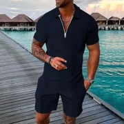 2Pcs Men's Suits Solid Colors Shirt And Shorts Curved Print Zipper Polo Collar