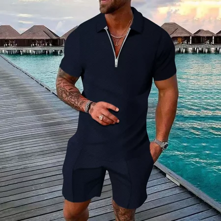 2Pcs Men's Suits Solid Colors Shirt And Shorts Curved Print Zipper Polo Collar
