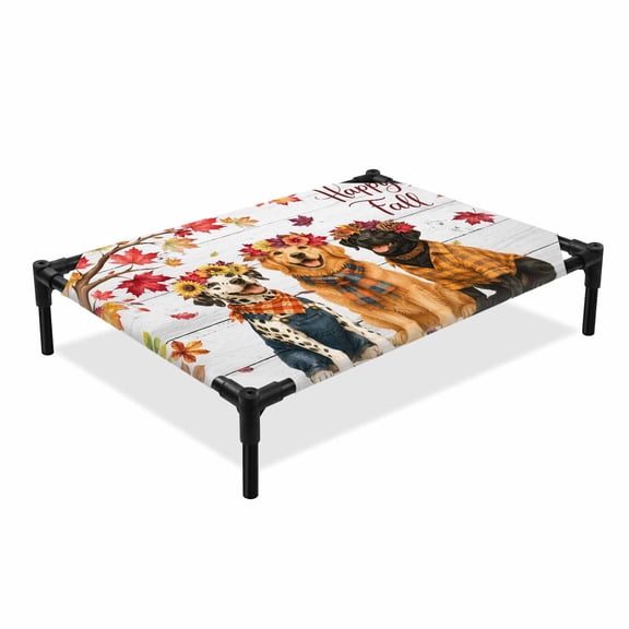 Thanksgiving Dogs Elevated Dog Bed, Happy Fall Golden Retriever Black Lab Striped Cooling Breathable Outdoor Raised Dog Cot Bed with Metal Frame Non-Slip Feet for Medium Dog 24x20in