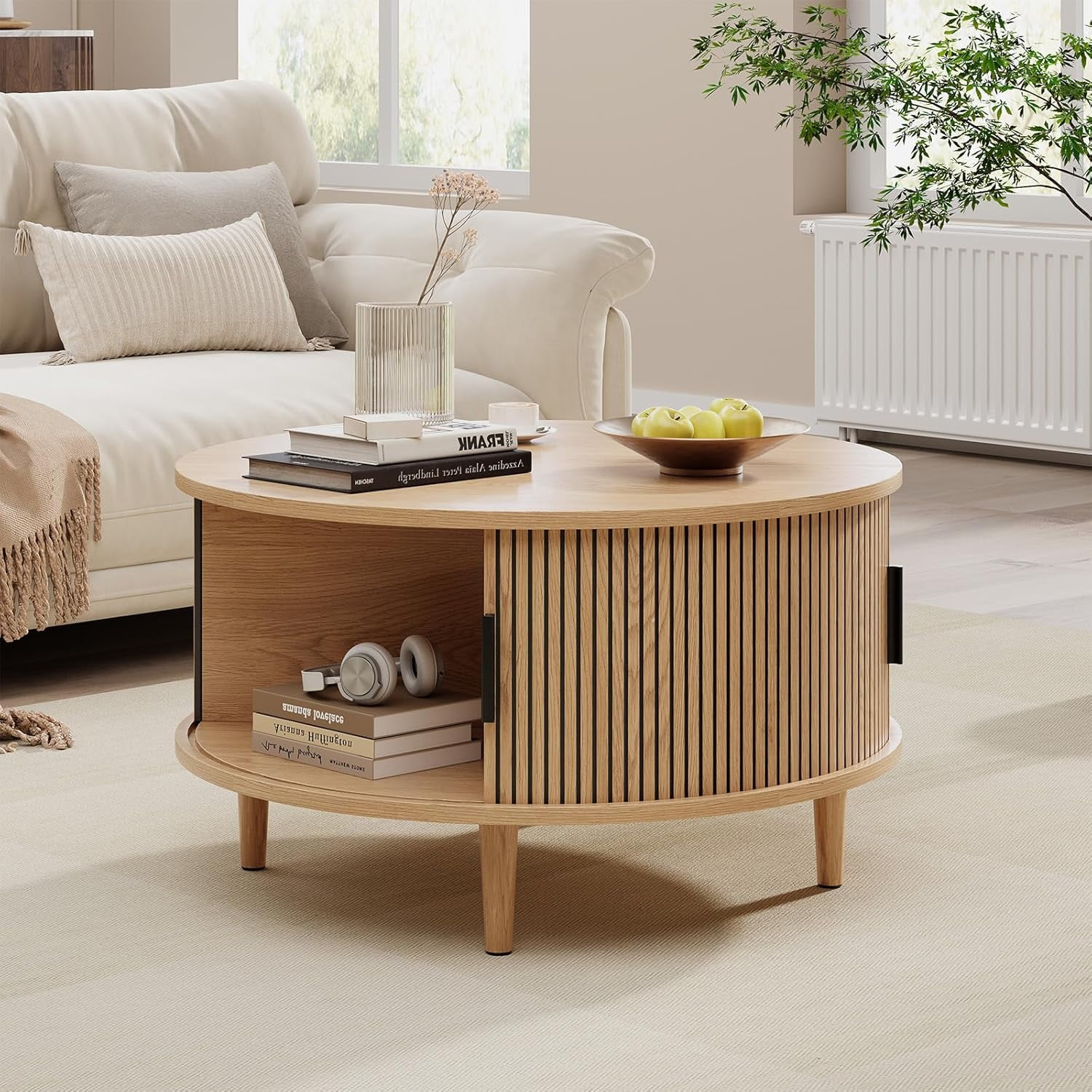 SELOOYE Mid Century Round Coffee Table, Fluted Center Table with Sliding Door, Modern Dining Table with Storage for Home Living Room Office, 31.5", Oak