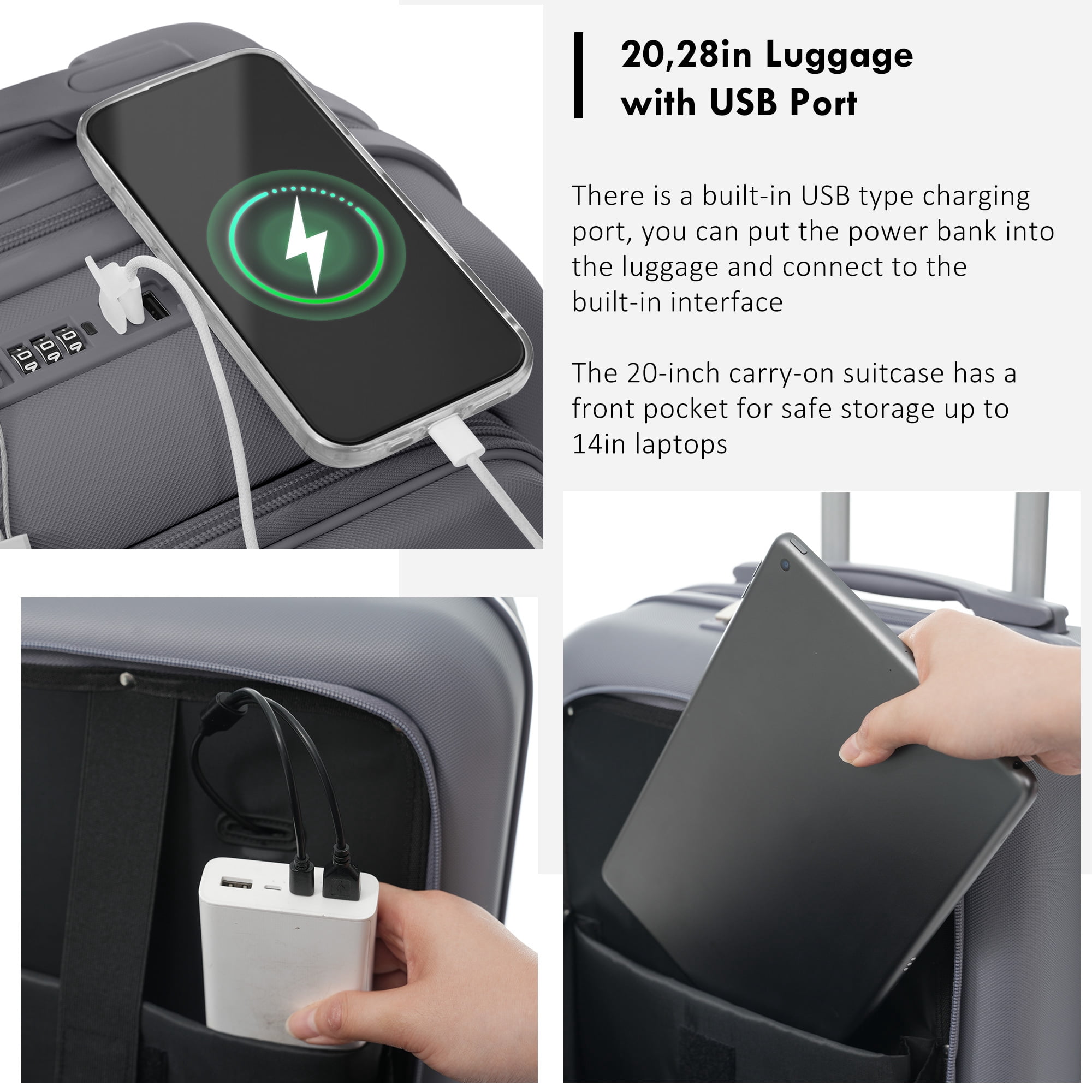 Euroco 2 Piece Luggage Sets Front-Opening, 20" Carry On Luggage with Cup Holder, USB Charging Ports,TSA Lock & Spinner Wheels,ABS Hardshell Lightweight Suitcase Set for Travel,Grey