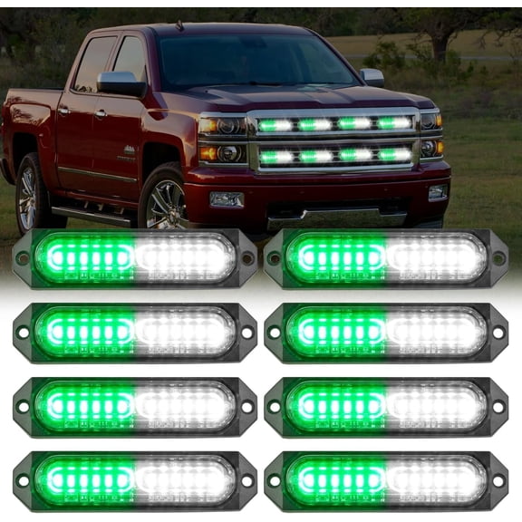 Nilight 8PCS Led Strobe Lights 12LED Green White Light 12V 24V Surface Mount Flashing Warning Hazard Beacon Lights Ultra Slim Sync Feature Mini Grille for Cars Trucks Off Road Vehicles SUV