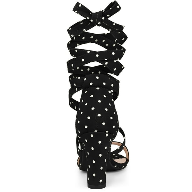 Allegra K Women s Polka Dots Lace Up Chunky Heels Sandals Black