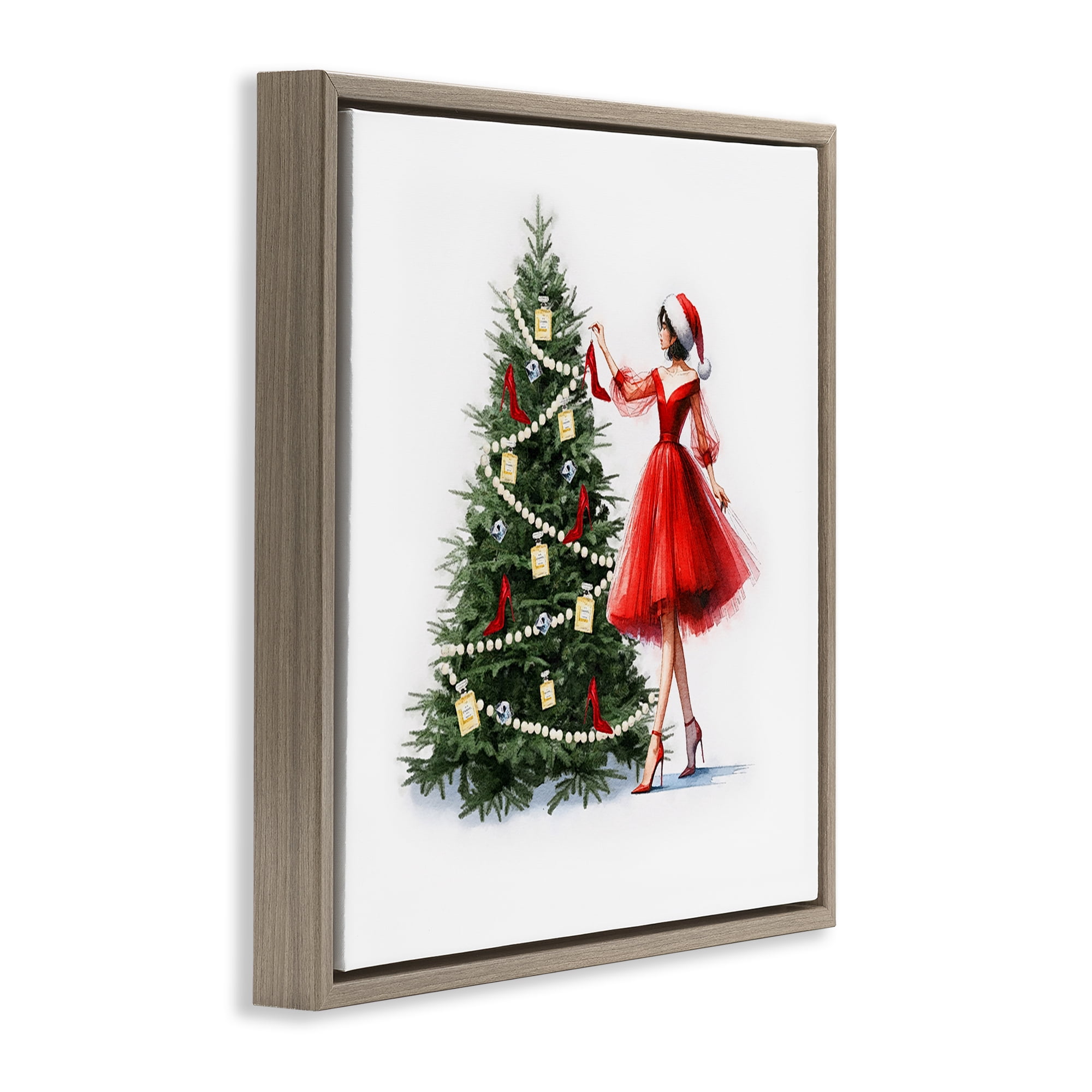 Stupell Industries Holiday Tree Glam Accessories Holiday Painting Brown Floater Framed Canvas Art Prints Wall Art, 18 x 18
