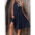 thumbnail image 3 of Navy Blue Sleeveless Round Neck Smocked Woven Midi Dress With Flounce Hem For Women, 3 of 5