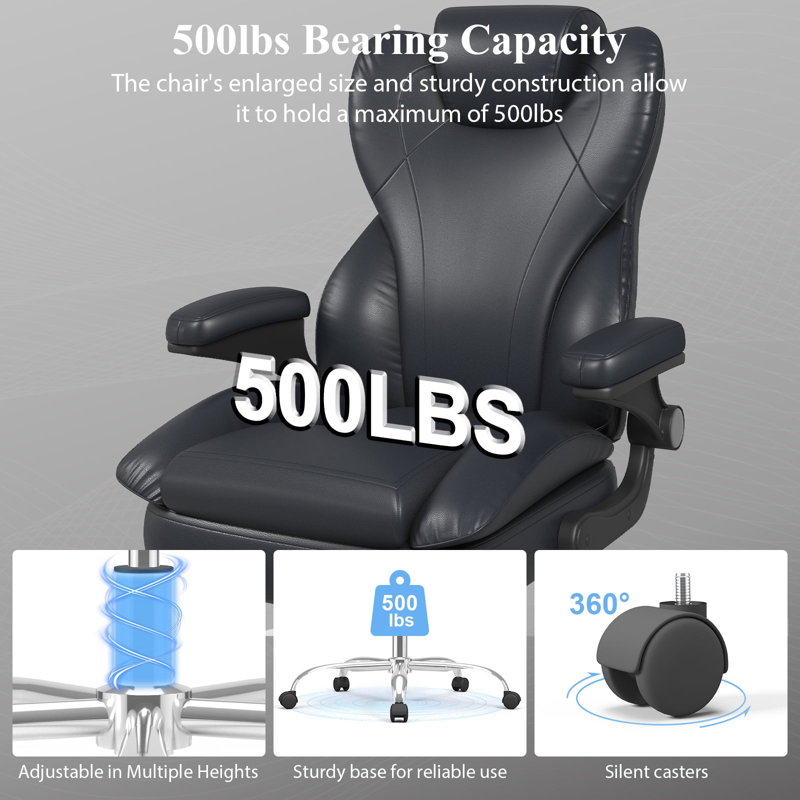 E-motie Home Office Chair with Flip-up Arms, Adjustable High Back Chair, Quiet Nylon Wheels, Black