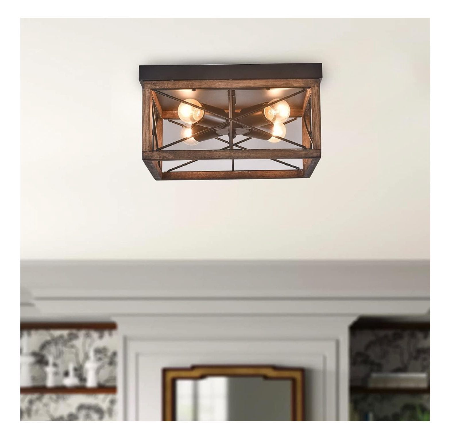 4-Light Rustic Wood Flush Mount Ceiling Light Metal Square Cage Farmhouse Lighting Close to Ceiling Light Fixture Black for Dining Room Bedroom Living Room Kitchen Hallway Entryway Foyer