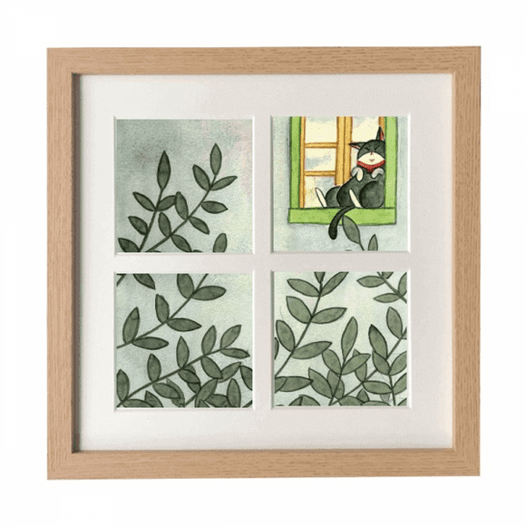 Miaoji Painting Watercolor Cat Outside Window Frame Wall Tabletop Display 4 Openings Picture