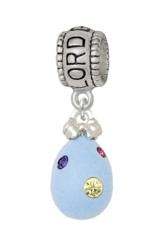 Silvertone Light Blue Easter Egg with Multicolored Crystal Dots Lord Guide Me Charm Bead