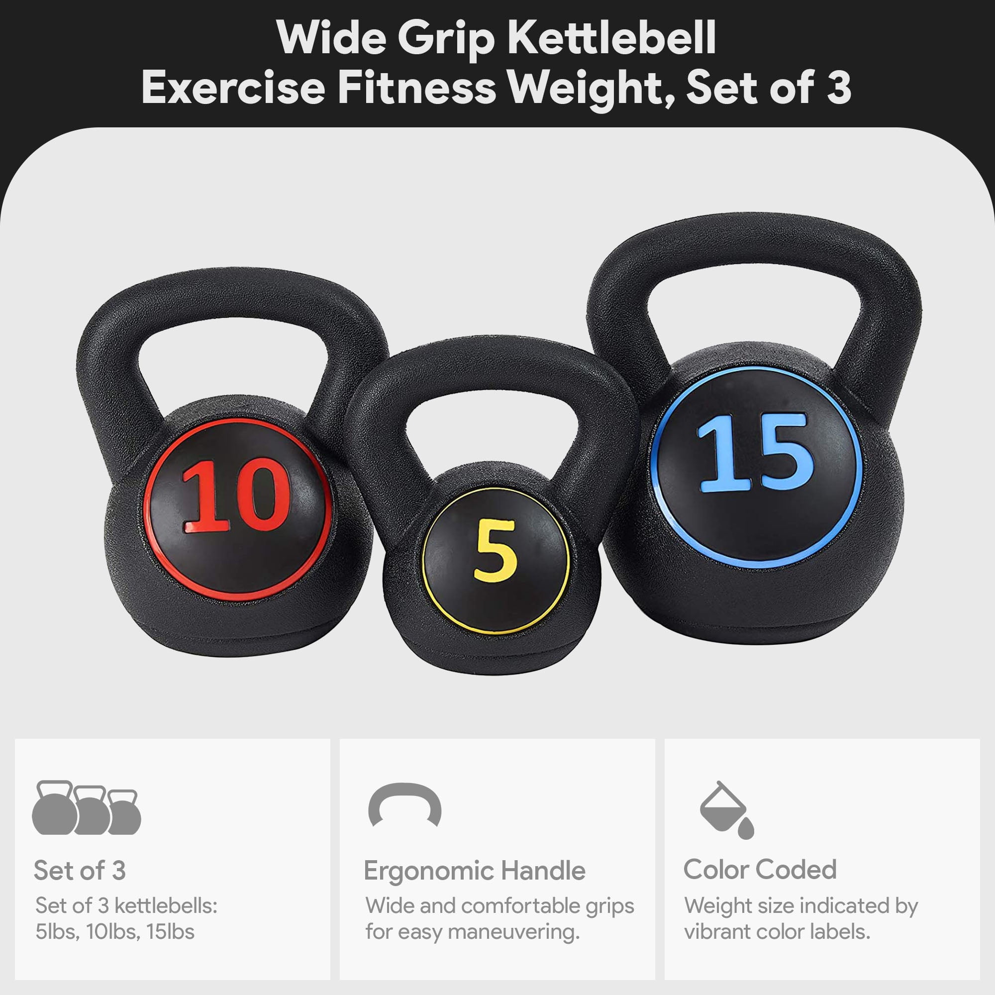 BalanceFrom Set of 3 Vinyl Kettlebell with 5-, 10-, and 15-Pound Weights