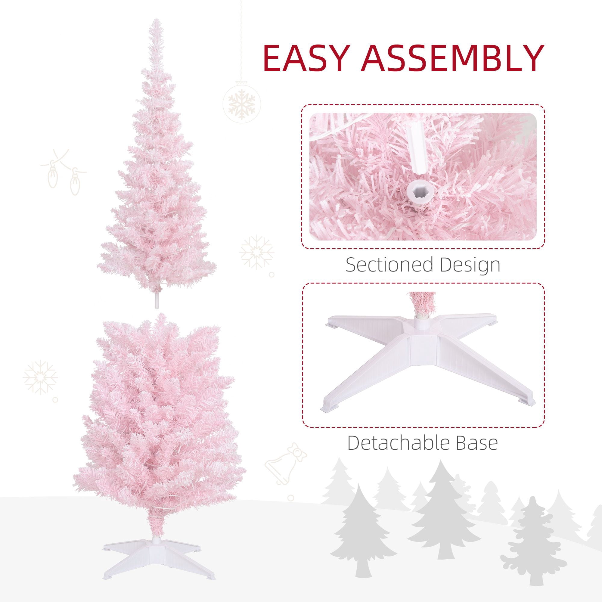 Pencil Christmas Tree, 5 ft Slim Artificial Tree with Snow Flocked Branches and Warm White LED Lights, 294 Tips, 160 Lights, 18.1 in Diameter, 59.1 in Height, Indoor Use