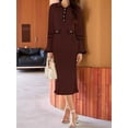 thumbnail image 5 of Womens V Neck Bodycon Sweater Dress Long Sleeve Half Button Slim Fitted Ruffle Ribbed Knit Maxi Pencil Dress Brown M, 5 of 9