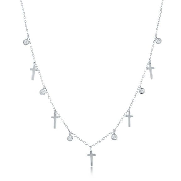 Beaux Bijoux Alternating Polished Cross and Bezel-Set Simulated Diamond CZ 16 2” Necklace Sterling Silver Jewelry for Women or Teens