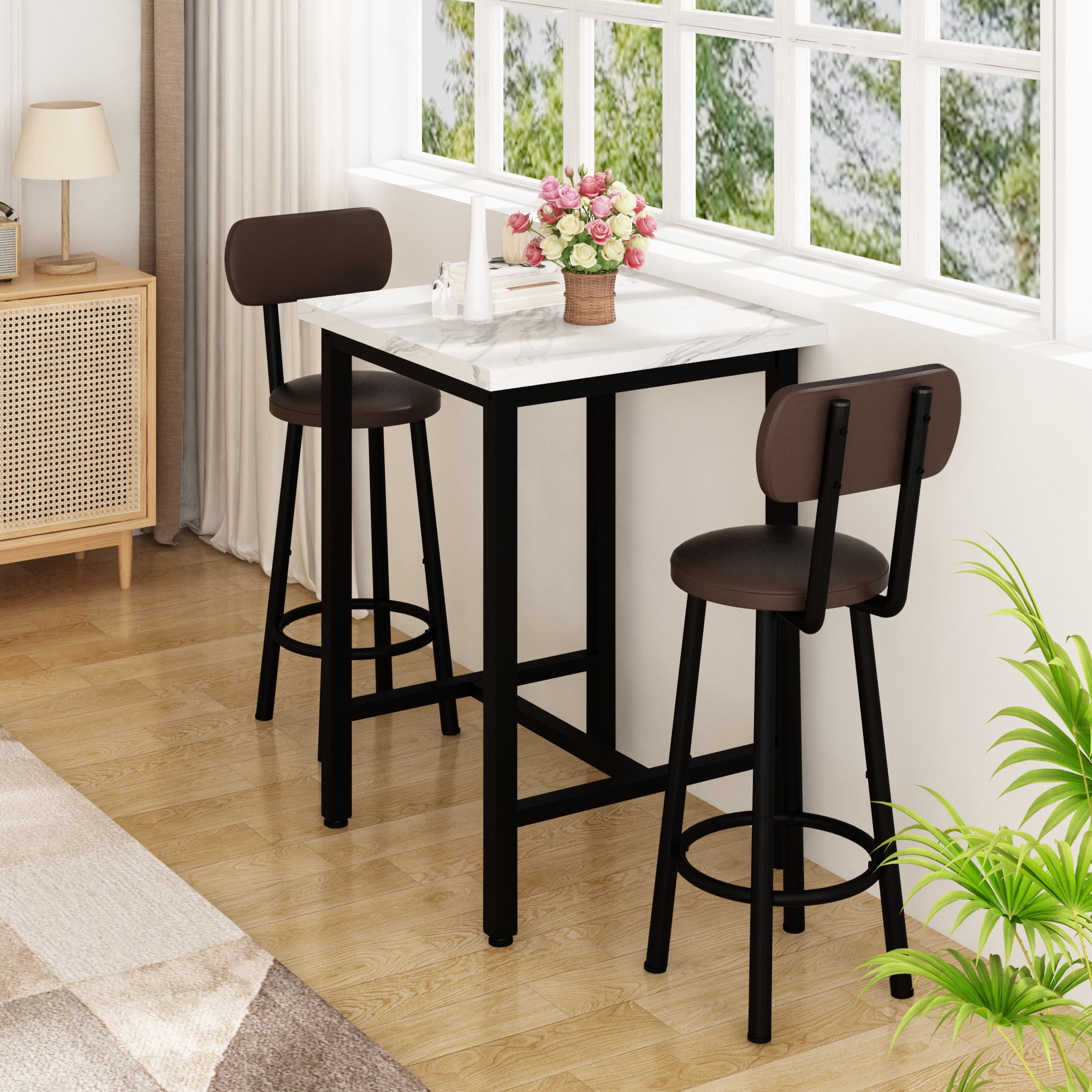 MIERES Square Marble Dining Table Set, 2-Seater Kitchen Dining Set with Two Bar Stools, Compact Dining Table, White