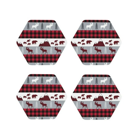 

Coasters Set of 4 - Buffalo Plaid Forest Drink Coasters for Tabletop Protection Leather Coasters for Living Room Decor and Housewarming Gift Hexagon