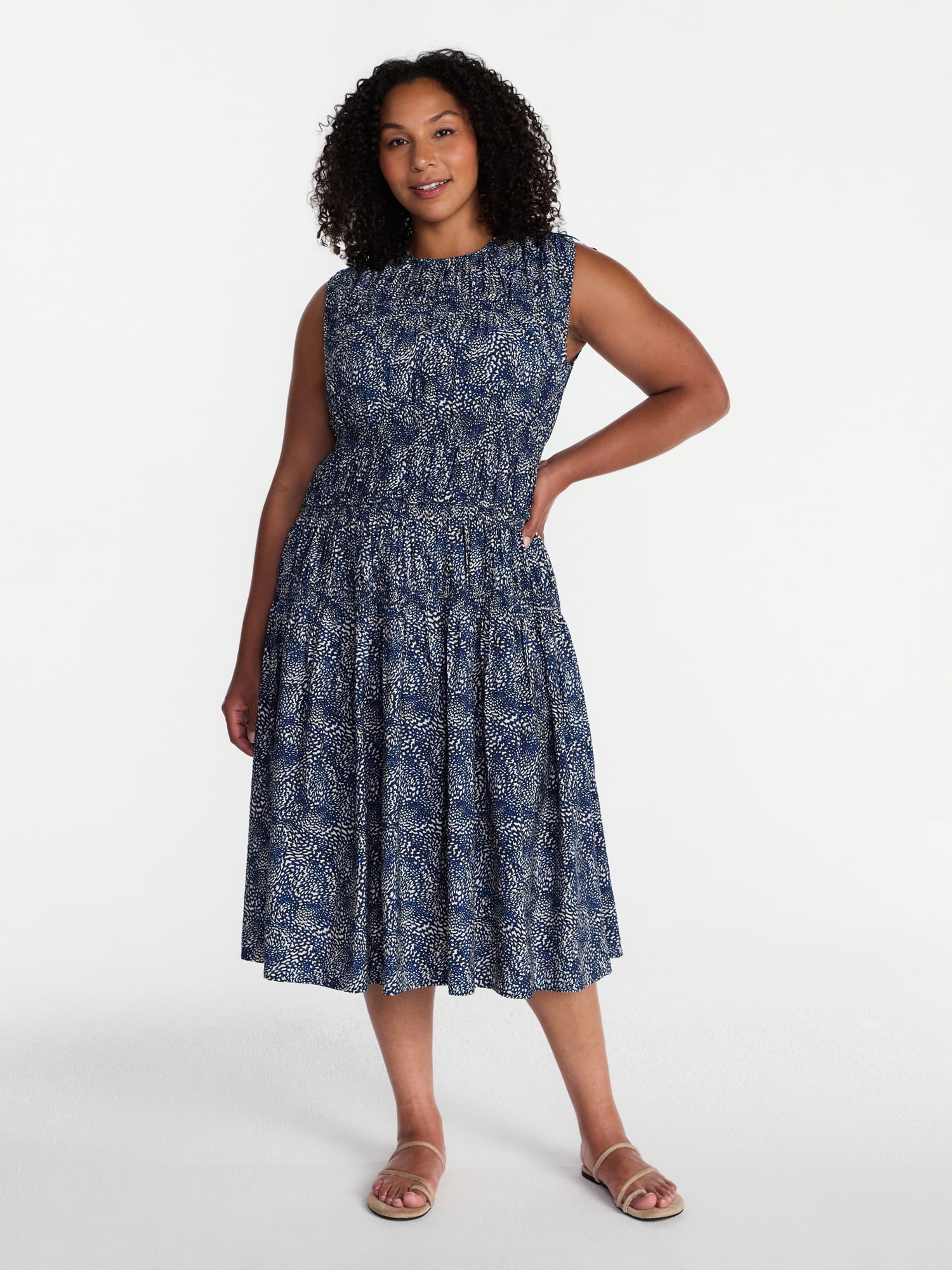 Time and Tru Women's Sleeveless Smocked Midi Dress, Sizes XS-XXXL