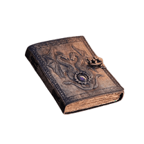 Handmade Leather Dragon Journal – 5x7 Inch Embossed Fantasy Notebook with 200 Deckle Paper Pages, Gemstone Accent, Antique Clasp, Medieval Writing Diary