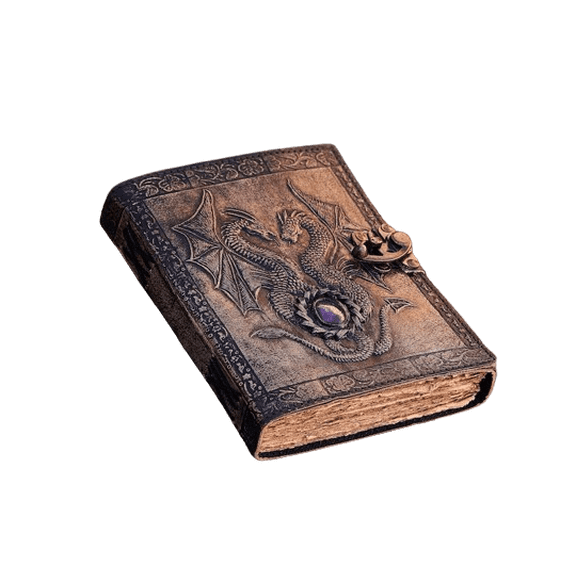 Handmade Leather Dragon Journal – 5x7 Inch Embossed Fantasy Notebook with 200 Deckle Paper Pages, Gemstone Accent, Antique Clasp, Medieval Writing Diary