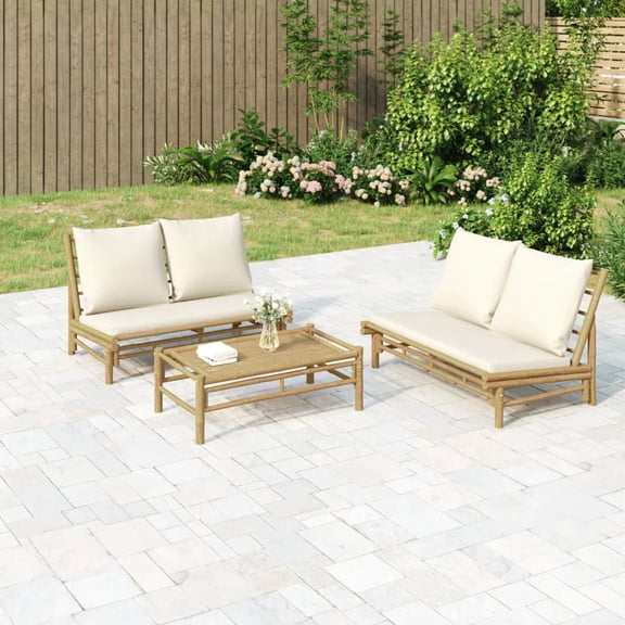 vidaXL 3 Piece Patio Lounge Set with Cream White Cushions Bamboo