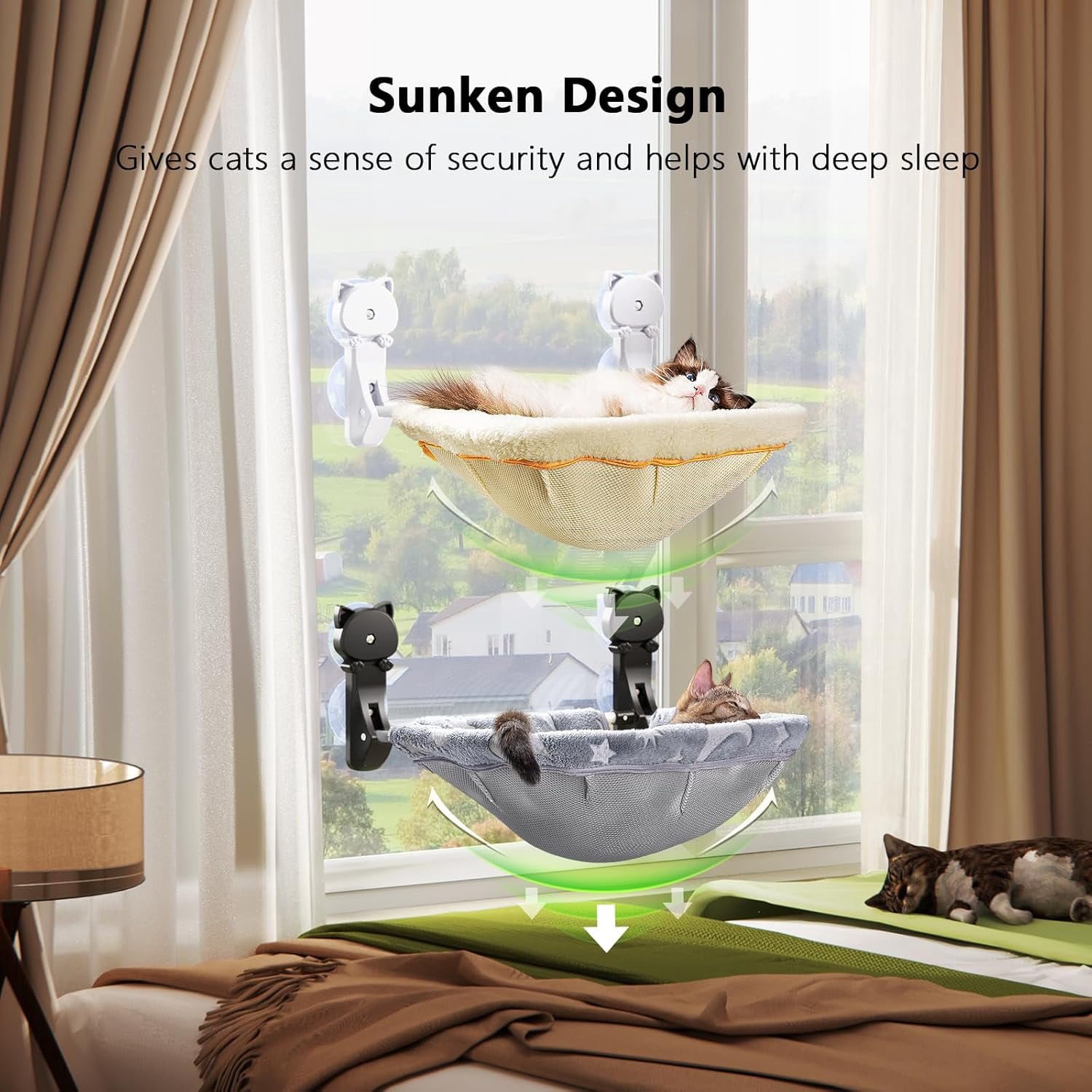 Cat Window Perch Cordless, Glow in The Dark & Stable Cat Beds- Breathable Window Hammock for Overlooking, Sunbathing and Climbing - Maximum Hold Up to 40lb(Grey)