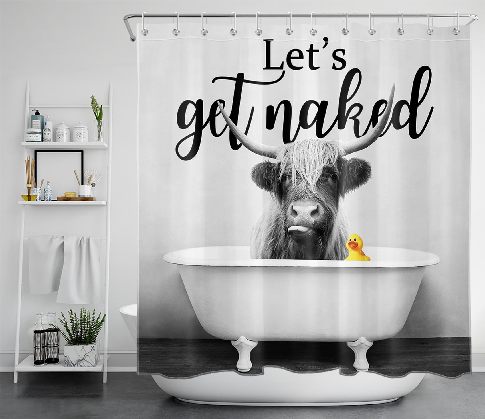 HVEST Cow Shower Curtain, Farm Animal Grey Bull in Vintage Bathtub Funny Get Naked Shower Curtains for Bathroom, Modern Farmhouse Bathroom Curtain Polyester Fabric Bath Curtain with Hooks, 70x69 Inch