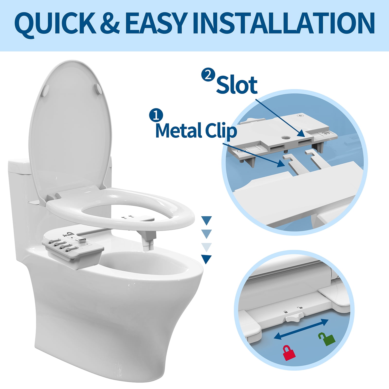 Jinxell Toilet Seat with Bidet- Non-Electric, Self-Cleaning Dual Nozzles for Frontal & Rear Wash, Adjustable Water Pressure, Slow-Close Lid,in Easy Install, Advanced 360° Self-Clean- Elongated Seat