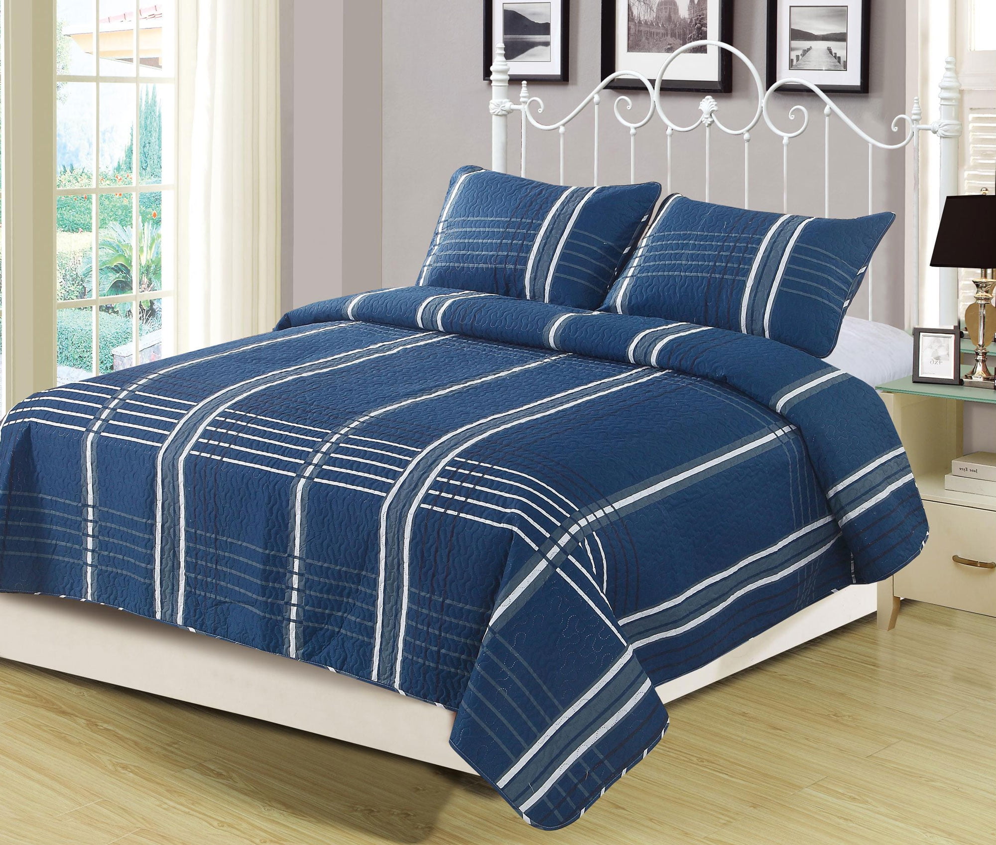 King Navy Stripe Plaid Checd Quilt Bedding Set Blue Grey And White