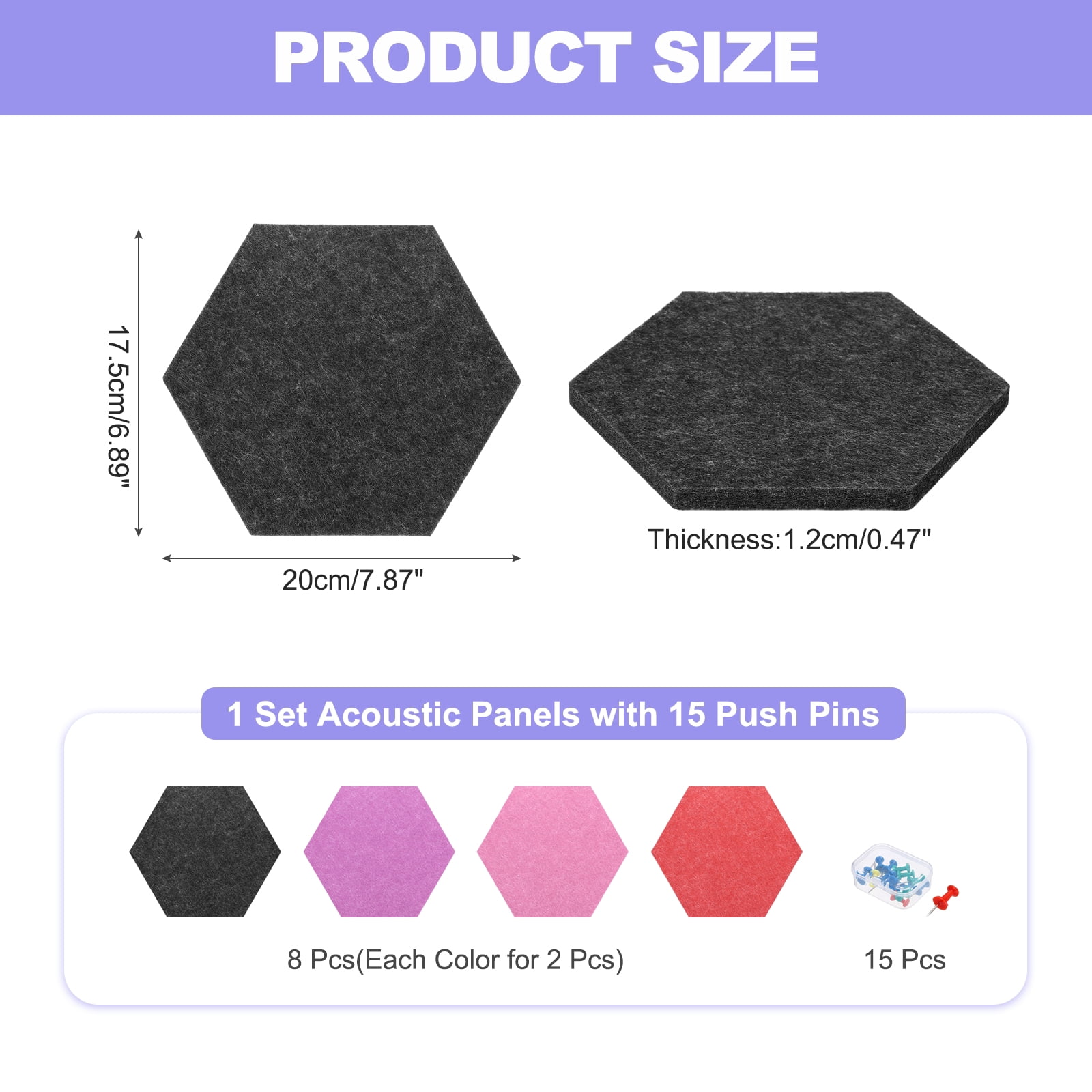 Uxcell 8 Pcs Hexagon B1 Acoustic Panels with Push Pins 7.87'' x 6.89'' Burgundy Red Rose Red Water Red