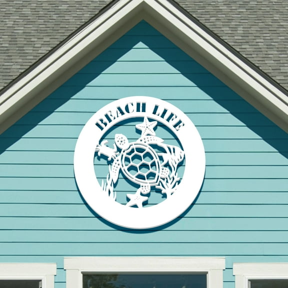 Outdoor Sea Turtle Sign with Starfish Crab Coral, Beach Life Weatherproof PVC Coastal Wall Decor, Beach House Wall Art, 2 Foot
