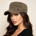 thumbnail image 4 of Byfri Studded Cadet Cap Khaki Cotton Adjustable Flat Top Hat for Men Women Streetwear, 4 of 7