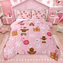 Manfei Christmas Gingerbread Man Queen Comforter Set, Winter Cartoon Snowflake Bedding Sets, Magic Xmas Gifts Reversible Bedding Comforter Set, Luxury Bedroom Decor, 3 Pieces