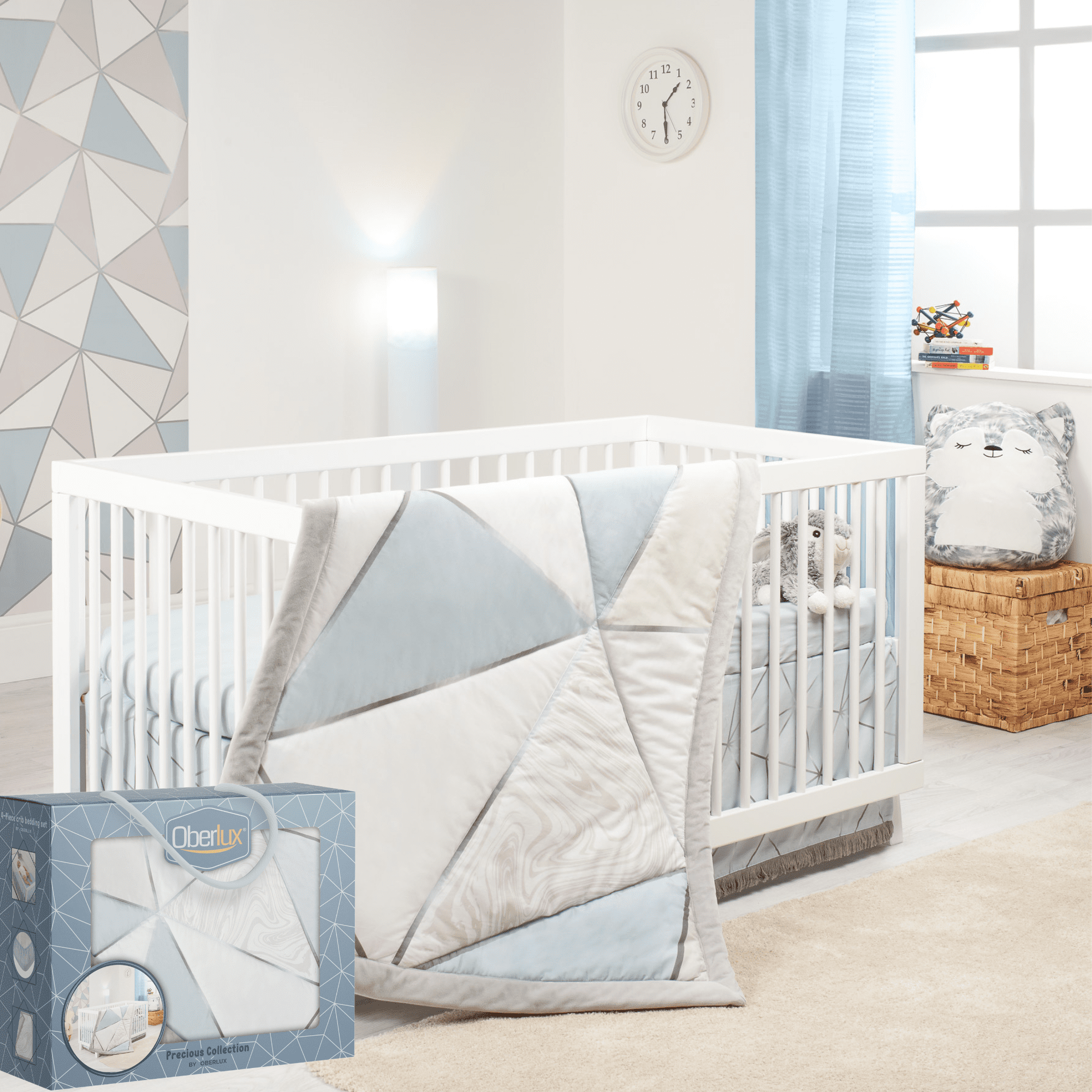 Crib Bedding Set for Boys | 4-Piece Baby Crib Set | Geometric Patterns,  Shiny Silver, Baby Blue & Marble Prints | Precious Collection by Oberlux