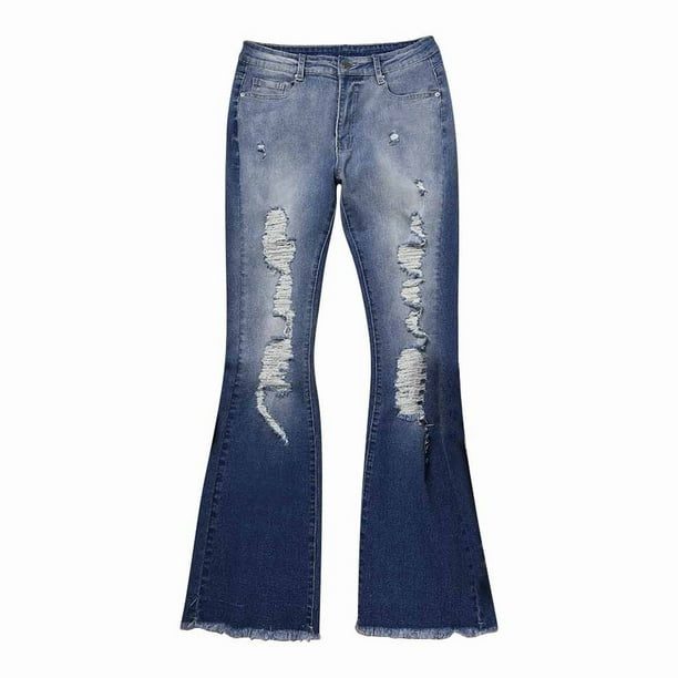 adviicd Womens Flare Jeans Bell Bottom Jeans for Women Ripped High Waisted  Classic Flared Pants Blue,M
