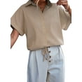 thumbnail image 3 of HUBERY Women Single-Breasted Lapel Collar Drawstring Hem Short Sleeve Blouse, 3 of 7