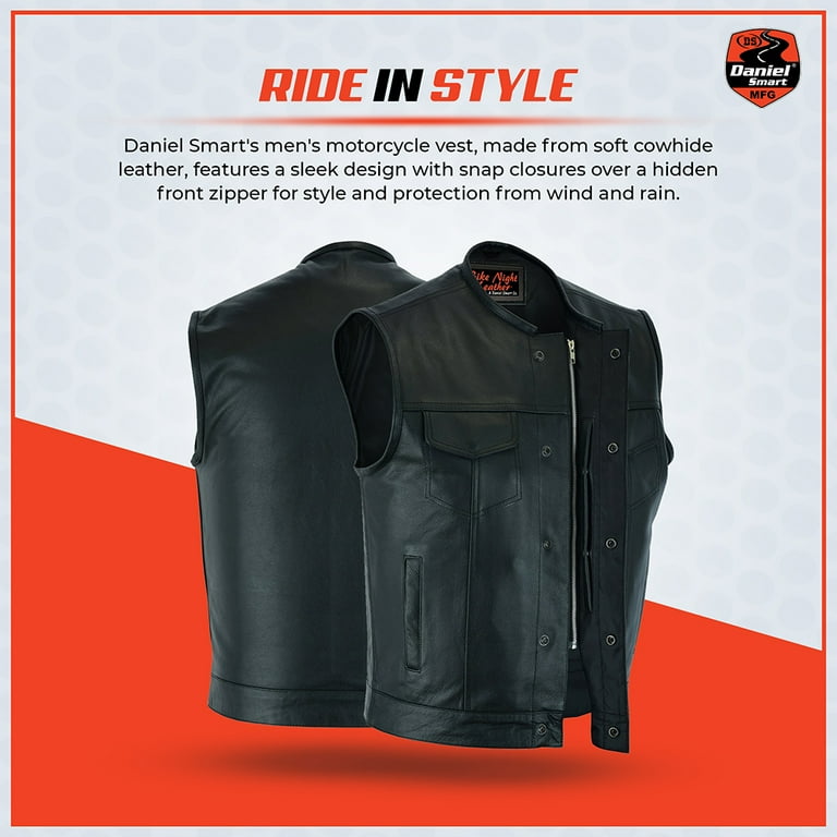 Daniel Smart Men's Biker Vest - Denim With Leather Detailing, Concealed Armory Pockets