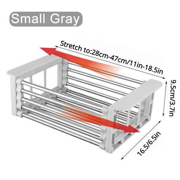 1pc Adjustable Dish Drainer Stainless Steel Sink Drain Rack Fruit Vegetable Drain Basket Kitchen Extendable Dish Drying Rack (Small Gray)