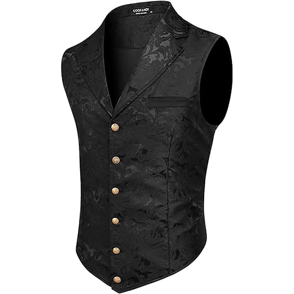 Gyujnb Men's Jacquard Suit Vest Subtle Pattern Button‑Down Linen Blend Lapel Waistcoat for Formal Party,Black