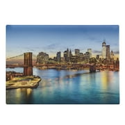 United States Cutting Board, New York City Skyline over East River Brooklyn Bridge Twilight, Decorative Tempered Glass Cutting and Serving Board, Large Size, Blue Dark Orange Yellow, by Ambesonne