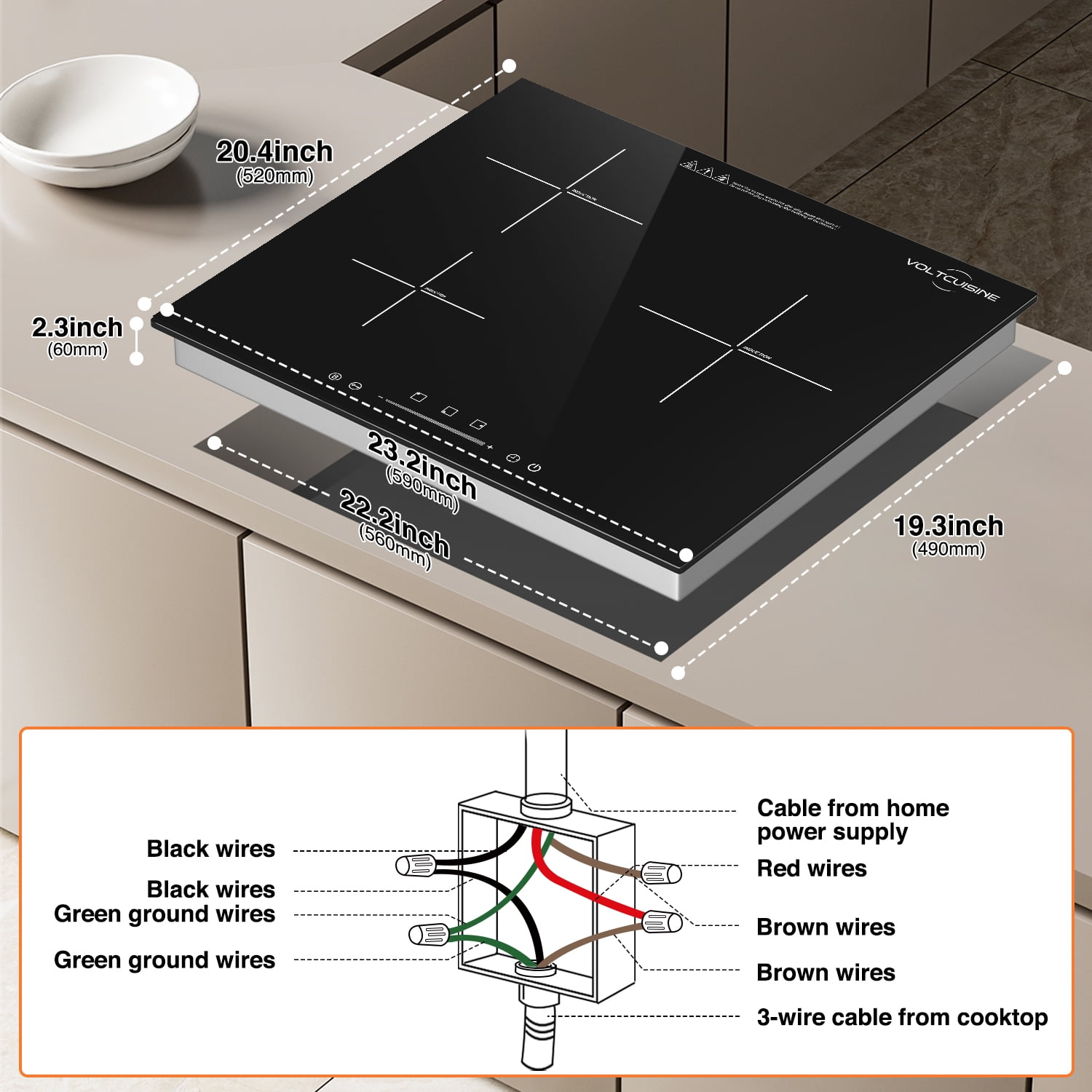 VoltCuisine Induction Cooktop 3 Burner, Shatter-proof Flat Glass Top, 9 Heat Settings, LED Touch Display with Child Safety Lock & Overheat Protection
