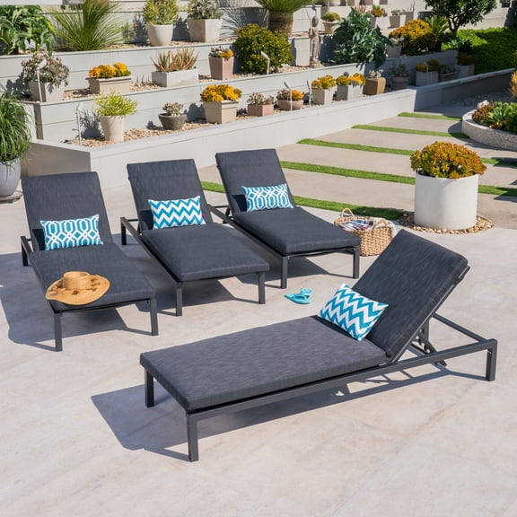 Bristol Outdoor Adjustable Aluminum Chaise Lounges with Cushion, Set of 4, Black, Dark Grey