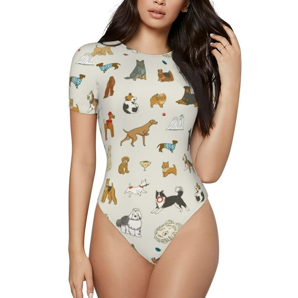 Fotbe Dogs Funny Pets Body de Mujer con Cuello Redondo y Mangas Cortas, Sin Mangas Ajustado, Suave, Cómodo y Básico-Medium